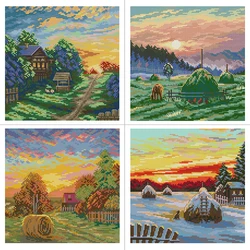 Joy Sunday Four Seasons Sunshine Scenery Cross Stitch Kits Aida 14CT 16CT 11CT Printed Canvas Fabric Embroidery DIY Sewing Set