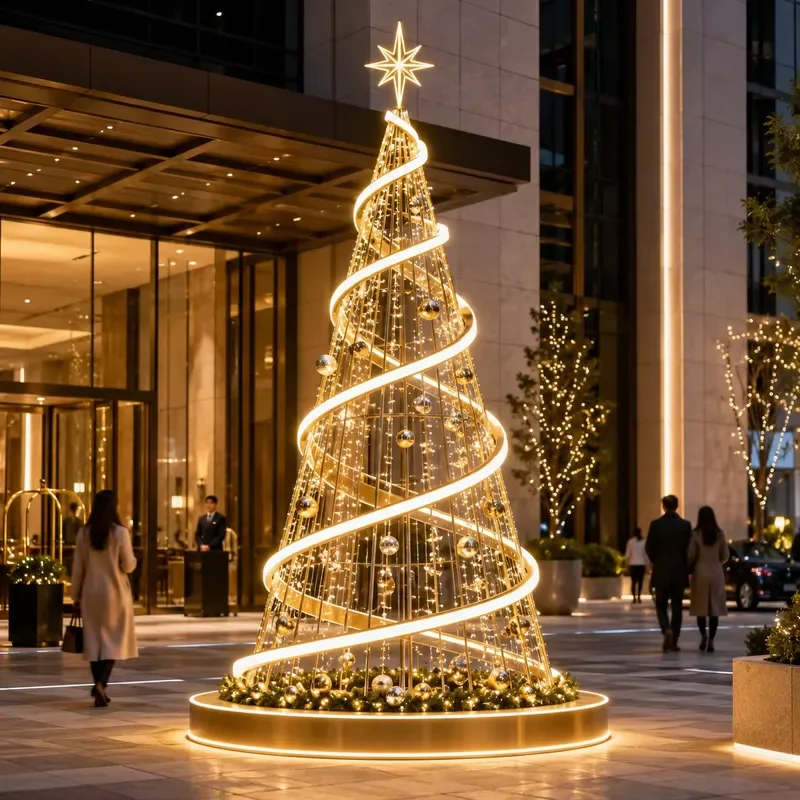 Premium Hotel Entrance Bronze Gold Frame Silver Ball Ornament LED Spiral Tree Motif Light for Christmas Festival Decor