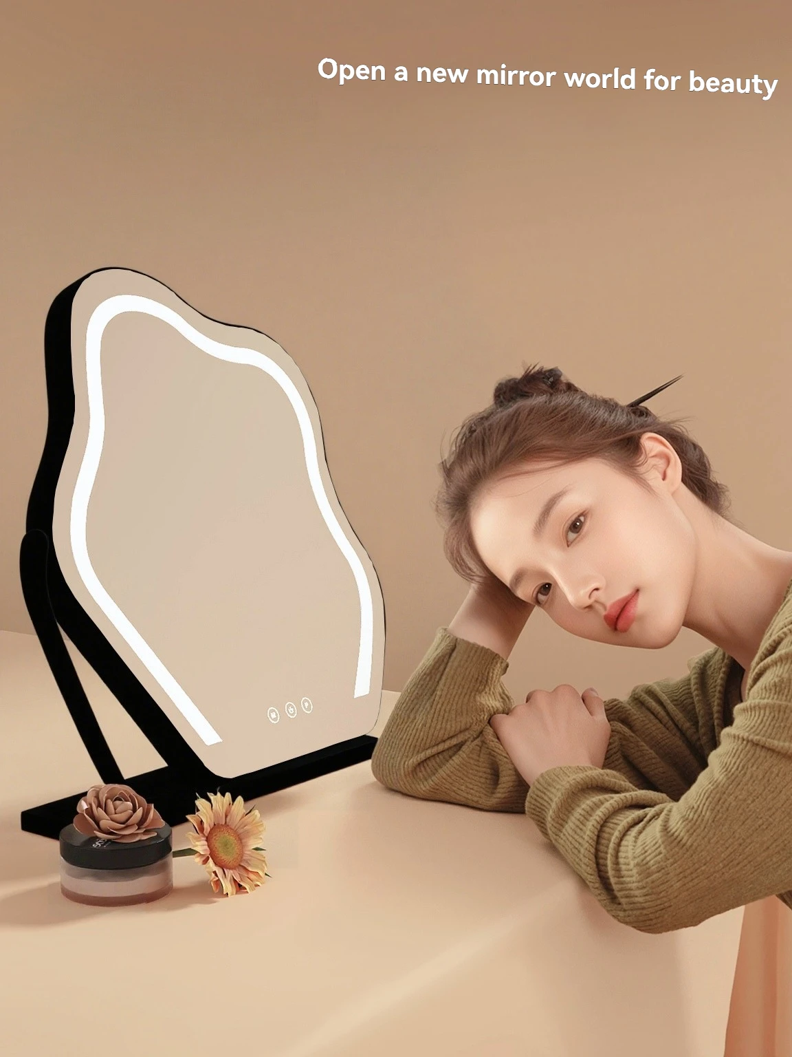 กระจกแต่งหน้าอัจฉริยะ กระจกแต่งหน้าแบบคลาวด์ พร้อมไฟ LED กระจกตั้งโต๊ะ ไฟหรูหรา หมุนได้ สำหรับห้องนอนใหญ่