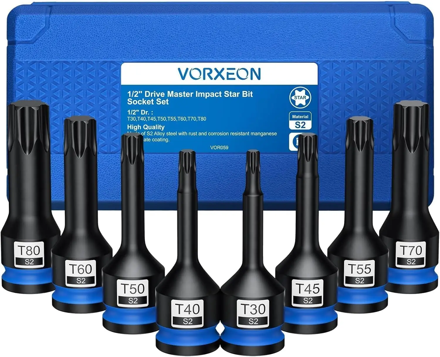 VORXEON Juego de llaves de tubo Torx de 8 piezas de 1/2 pulgadas T30 T40 T45 T50 T55 T60 T70 T80 S2 con caja de almacenamiento