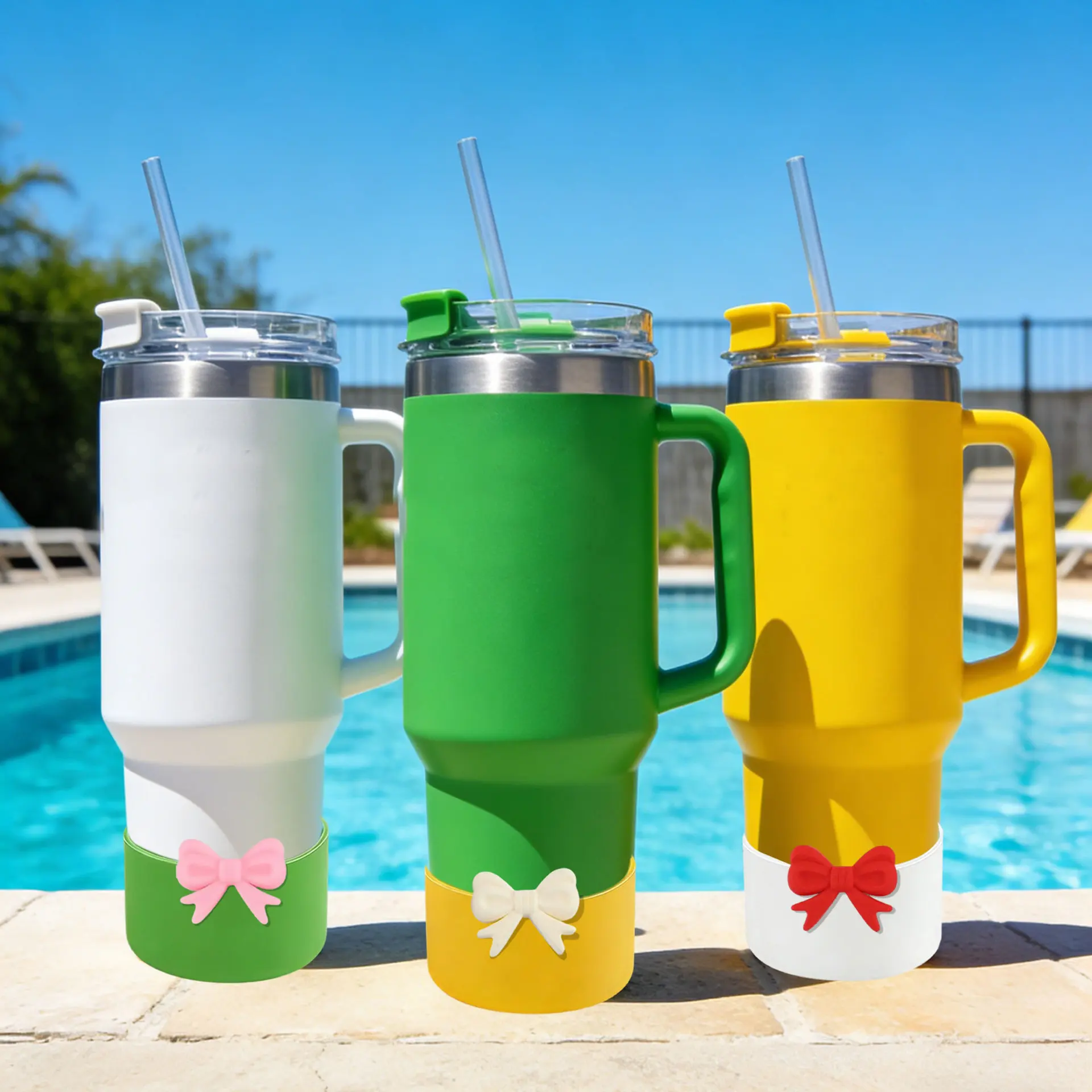Wärmeisolierende Silikon-Becherhülle mit Schleifendekoration Stoßfest 7,5cm Passend für 30oz 40oz Becher Schützende Bechermanschette – Detail 3