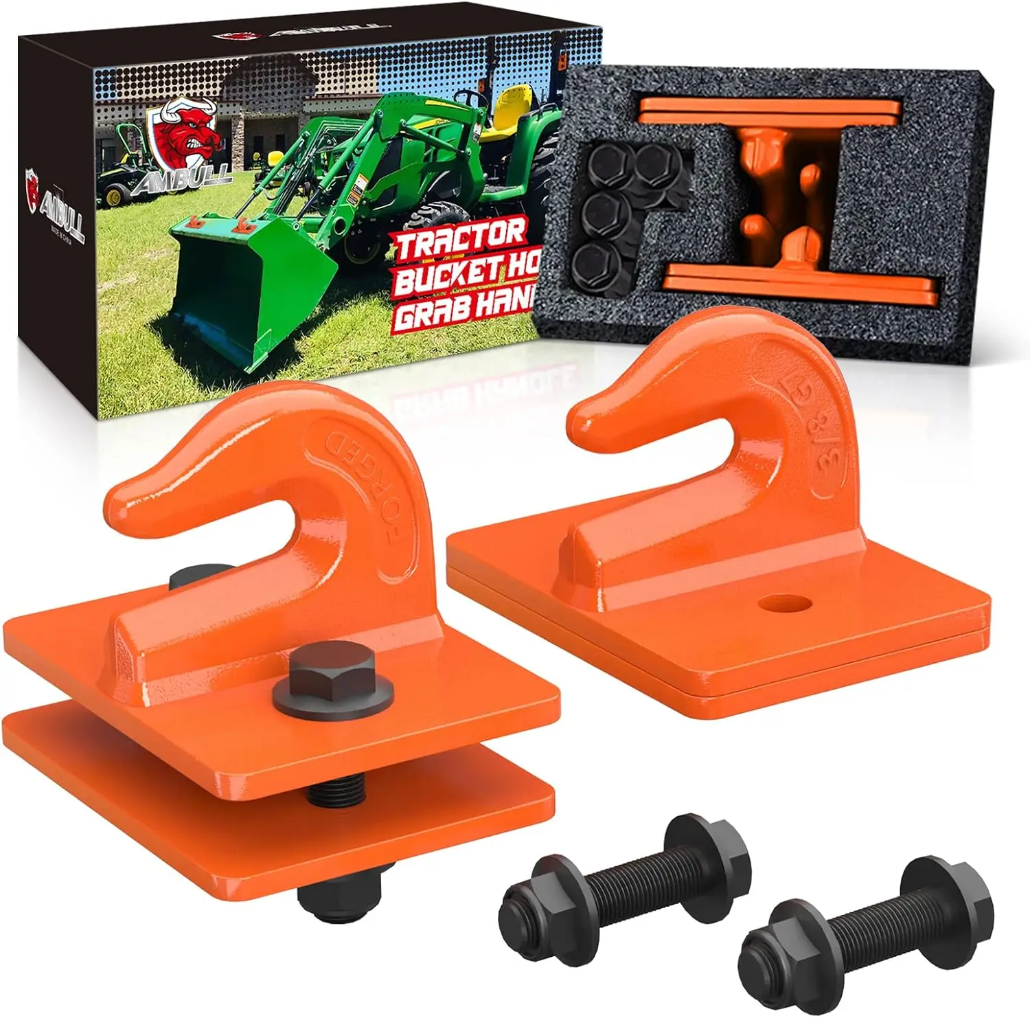 

2 Pack 3/8" Tractor Bucket Grab Hook Grade 70 Forged Steel Bolt On Grab Hook Tow Hook Mount with Backer Plate,Max 15,000 lbs