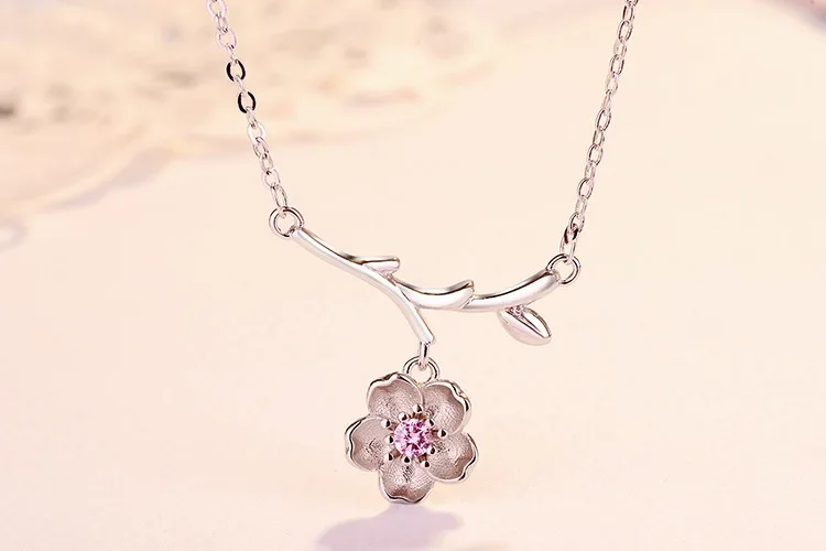 925 فضة ساكورا زهرة القلائد و المعلقات أزهار الكرز مع سلسلة المختنق قلادة مجوهرات الزفاف طوق Colar #5