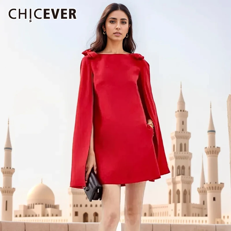 

CHICEVER Solid Mini Dresses For Women Round Neck Cloak Sleeve High Waist Patchwork Bownot Loose Dress Female Summer Clothing New