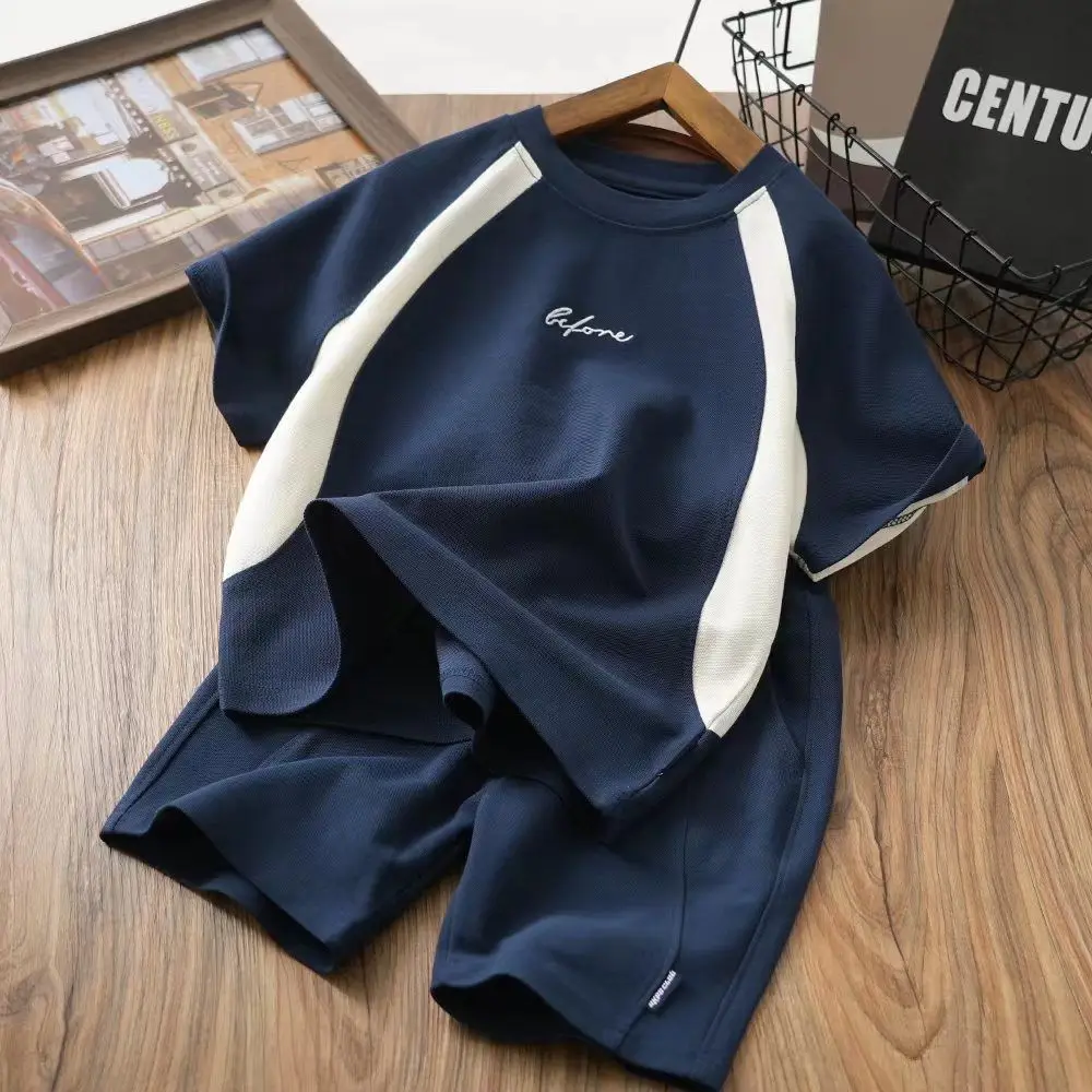 

Boys Summer Suit 2023 Summer New Medium and Large Children Embroidery Stitching Short Sleeve Suit Casual All-Matching