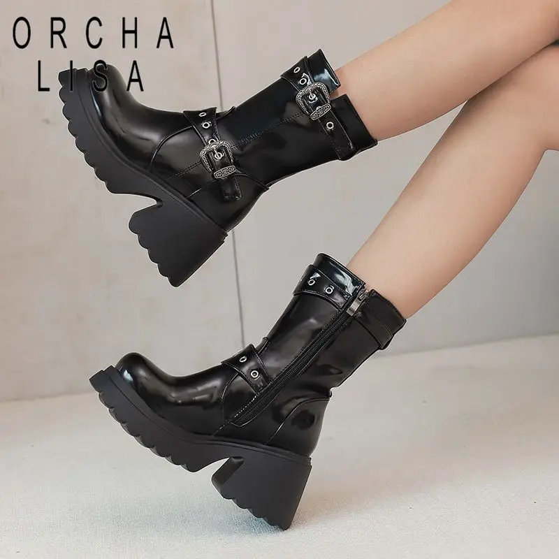 

ORCHA LISA Модные блестящие женские ботинки до середины икры с круглым носком на тяжелом каблуке 8,5 см, платформа 3,5 см, пряжки на молнии, большие размеры 43 44 45