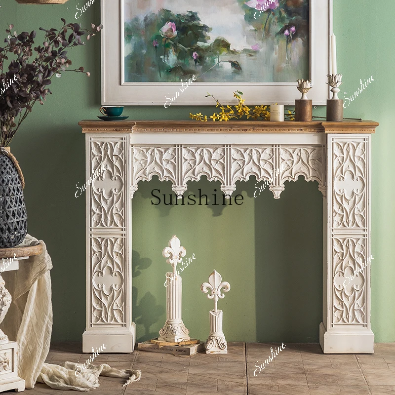 Retro carved decorative cabinet background wall old ornaments B & B fireplace European flame  FT