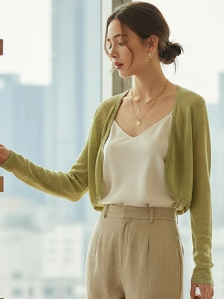 

Korean Sweater 2026 Spring Summer Sun-Proof Cardigans Women Crop Tops Fashion Thin Short Solid Knitted Long Sleeve Cardigan