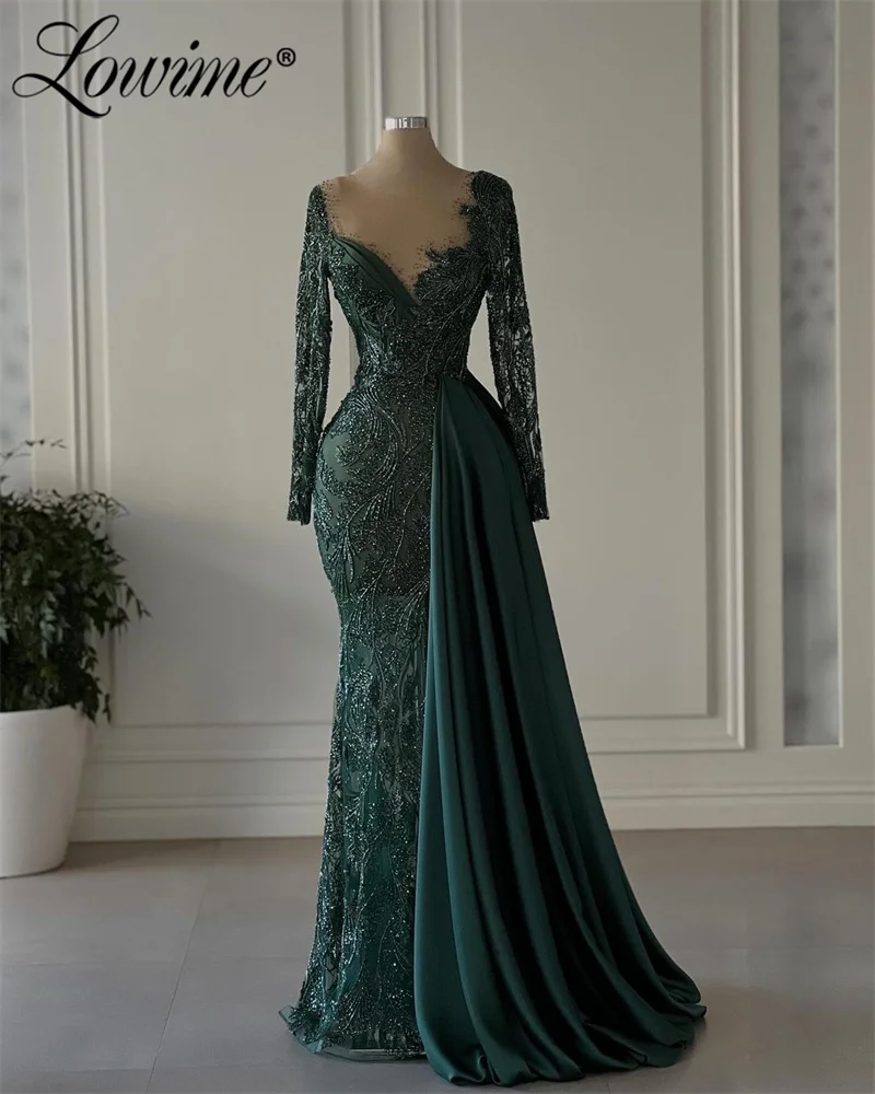 

Green Sheer Neck Party Dress Long Sleeve Mermaid Prom Dresses With Side Train Crystals Arabic Evening Gowns Robe De Soiree 2024