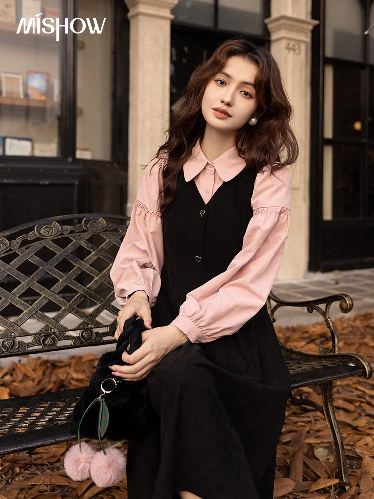 MISHOW Corduroy Strap Dress Autumn Winter French Retro Vneck Sleeveless Mid-Calf Dresses Elegant Solid Blouses MXB43L1246