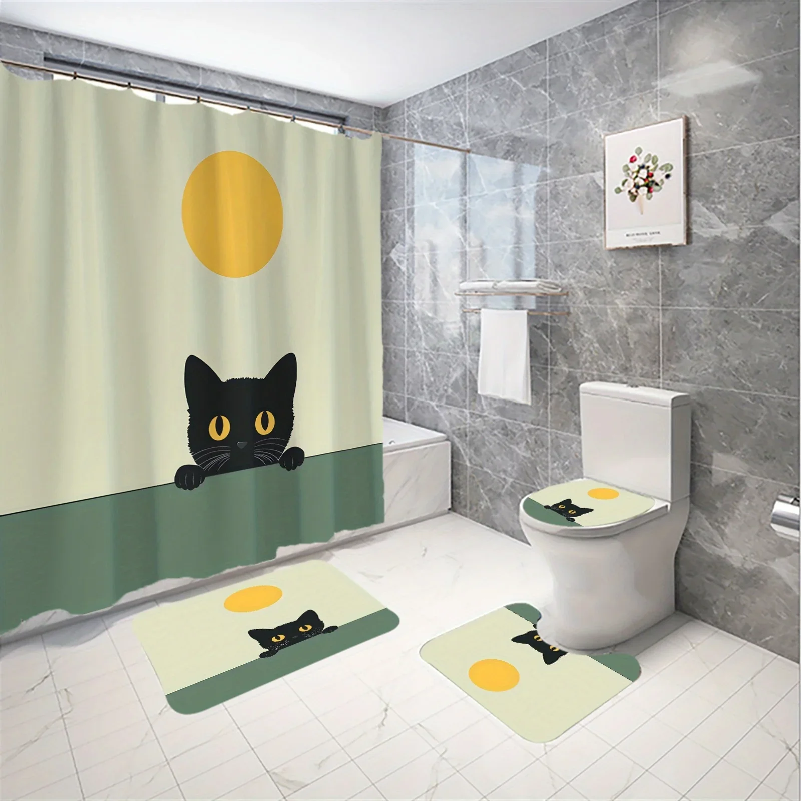 

Adorable Cat Bathroom 4-Piece Set Waterproof Shower Curtain Non-Slip Mats Soft Microfiber Material Fun & Cozy Design