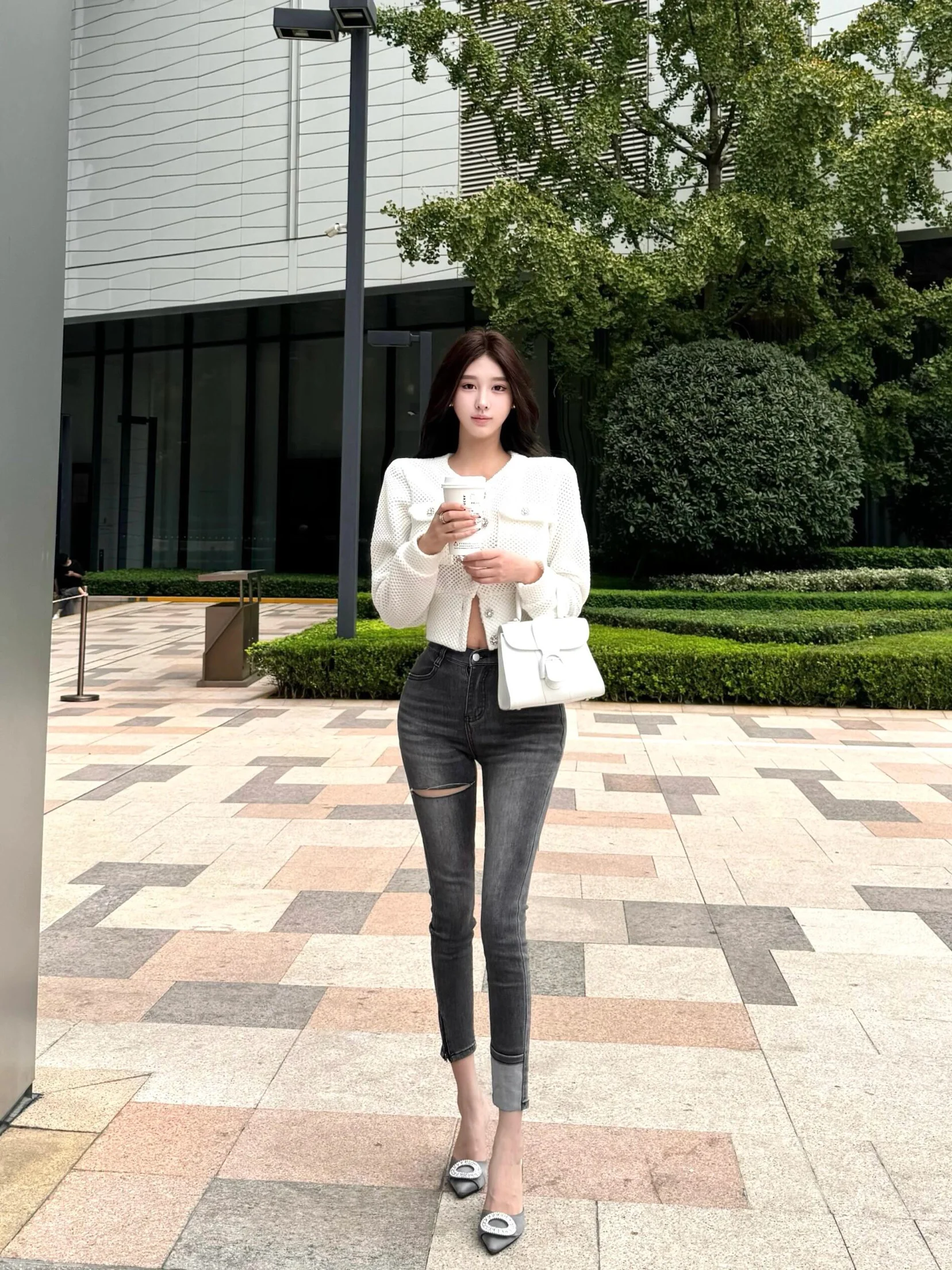 

Fall High Waist Nine Points Zipper Design Sense y ey Hole Pencil Split Jeans Women's Premium Denim Roll up Zipper Jeans