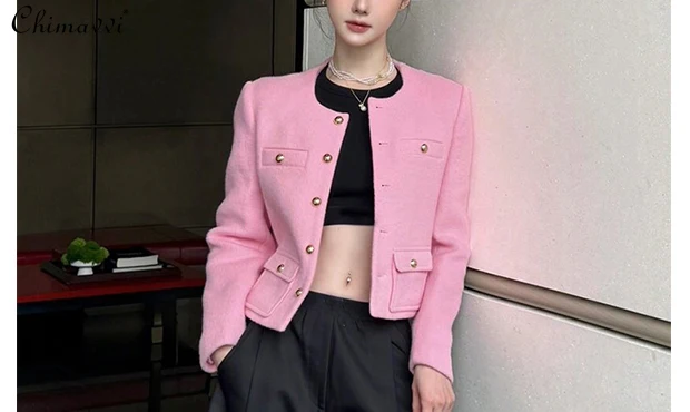 معطف كوري للركاب الحلو للنساء لربيع وخريف 2025 سترات صوفية قصيرة جديدة راقية بأكمام طويلة