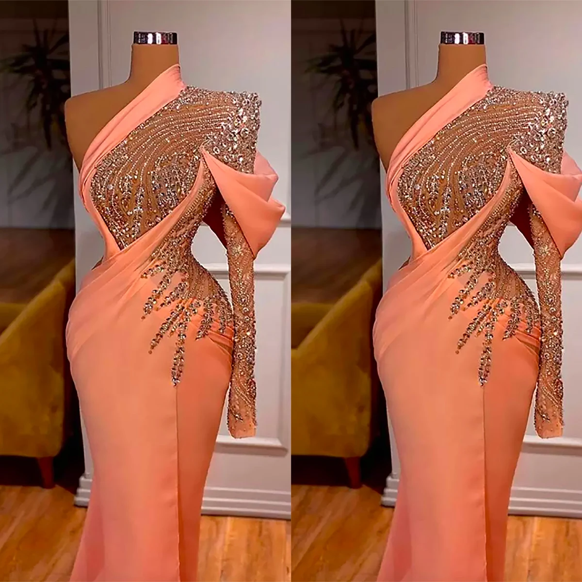 Glamorous Evening Dresses Formal Occasion Gowns One Shoulder One Sleeve Shining Beading Sequins Backless Floor Length Prom Dress