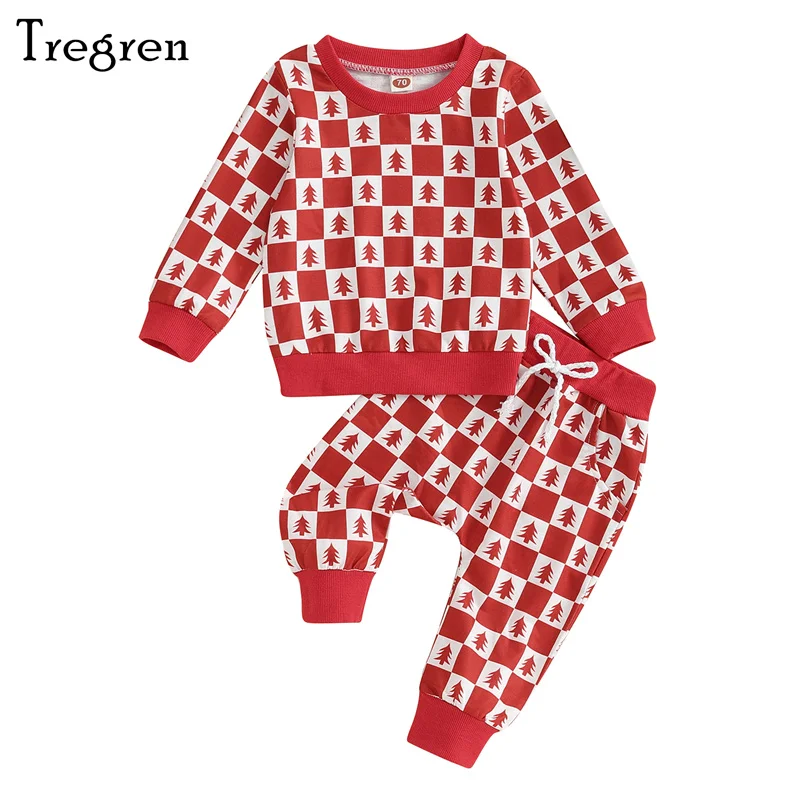 

Tregren Toddler Infant Boys Girlsl Christmas Clothes Sets Long Sleeve Xmas Tree Print Sweatshirt and Drawstring Pants Tracksuits