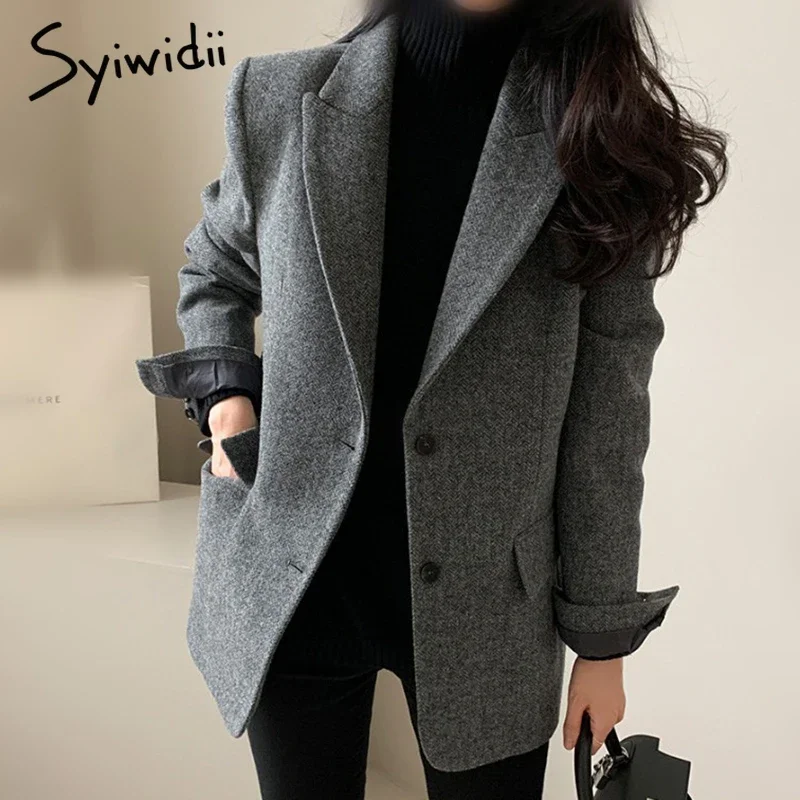 Syiwidii Women's Elegant Woolen Blazer Coat Causal Lapel Pockets Single Breasted Coats Autumn Winter Fashion Commut Lady Outwear