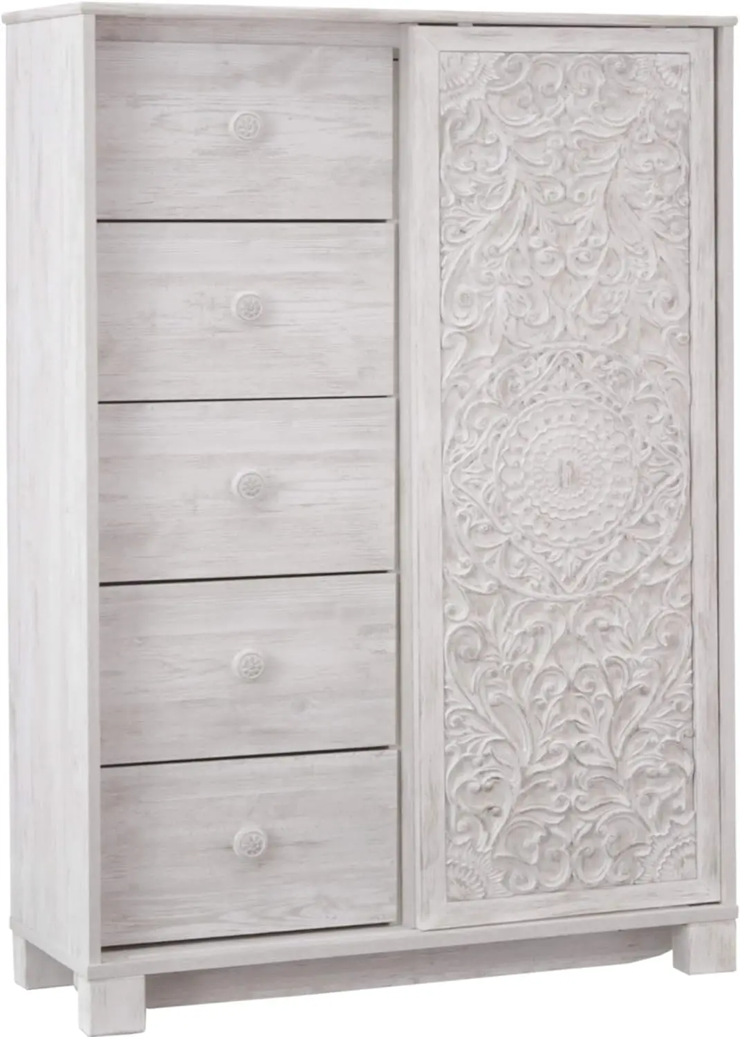 5 Drawer Dressing Chest with Slider Door & 3 Adjustable Shelves, Whitewash