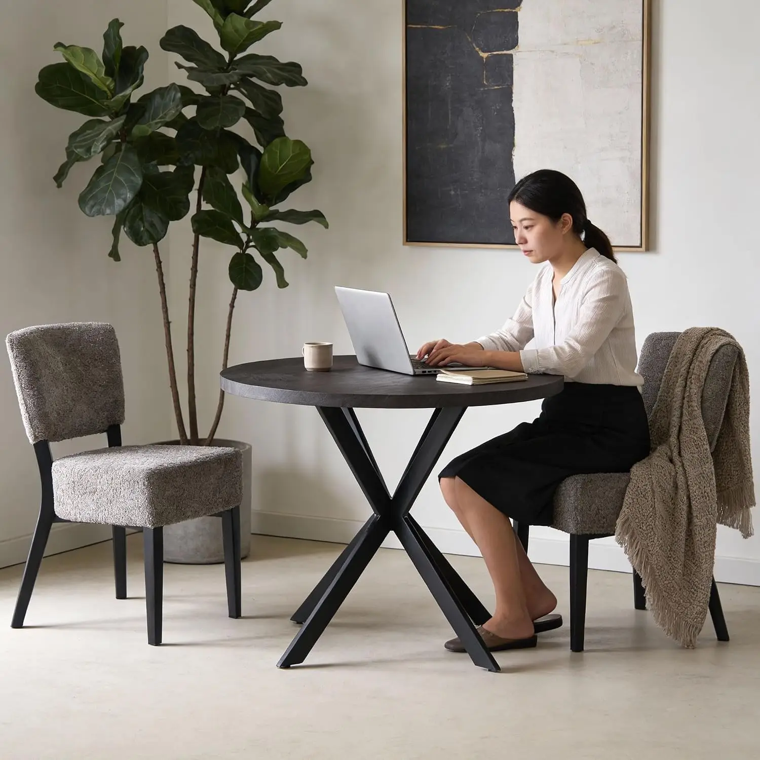 Round Dining Table & Chair Set Space Saving Kitchen Nook Wood Grain Metal Frame 2 Stackable Chairs Grey, Customized