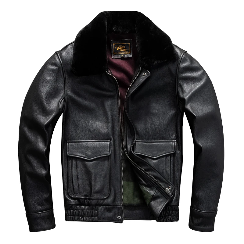 Black Winter Leather Jacket Men Retro Style Plus Size 5XL Genuine Natural Thick Cowhide Turn-Down Collar Military Flight Coat