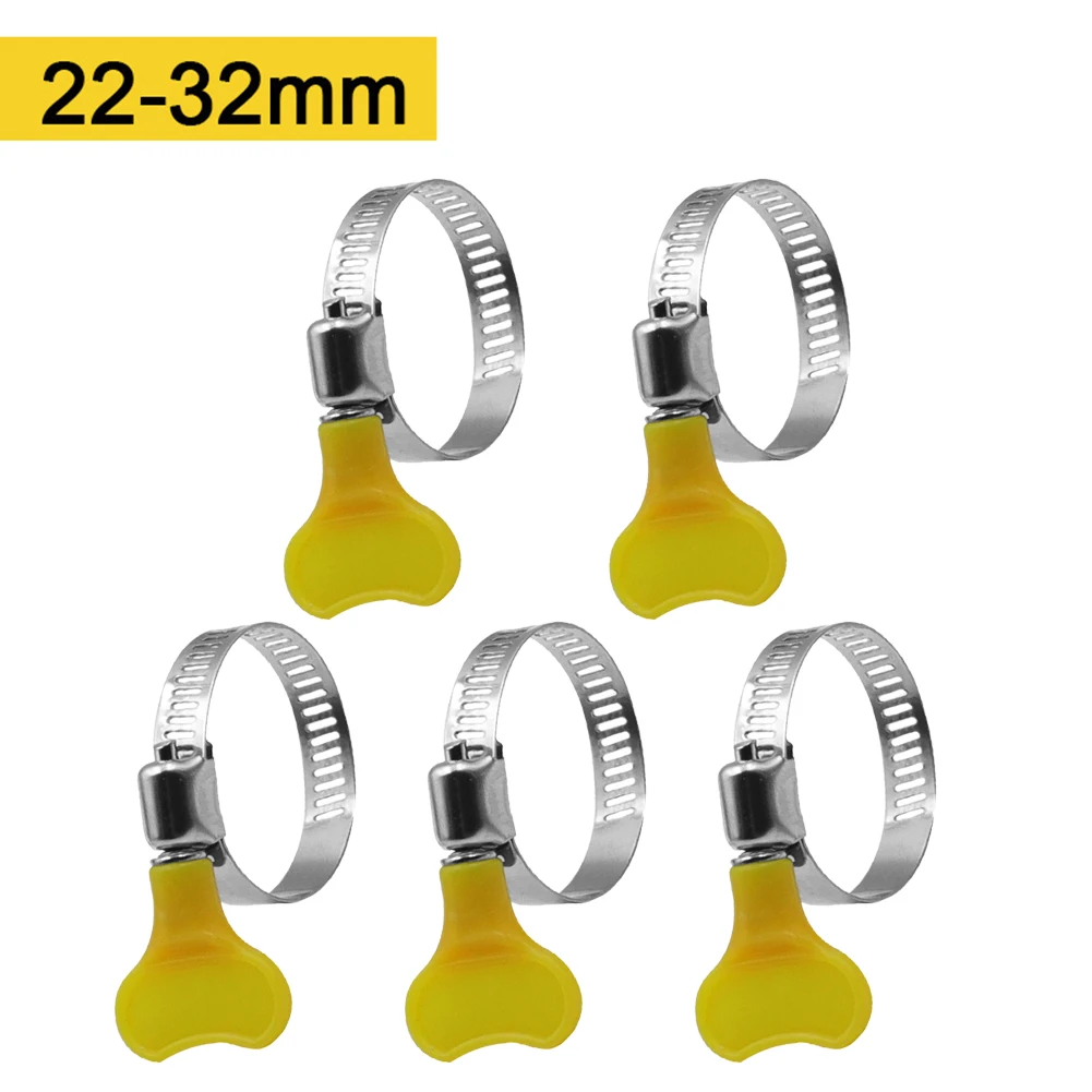 Clip de tubo Abrazadera de manguera Mango amarillo Golpe de mano Acero inoxidable 10-38 mm 5 piezas Ajustable Resistente a la corrosión Fuga de gas Impermeable