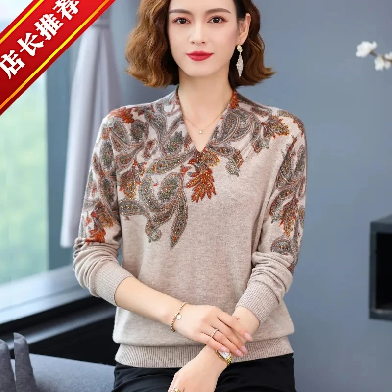 2024 Middle-Aged And Elderly Mothers Wear Printed Sweater Tops Autumn Winter New Spring And Autumn Knitted Bottoming Shirts