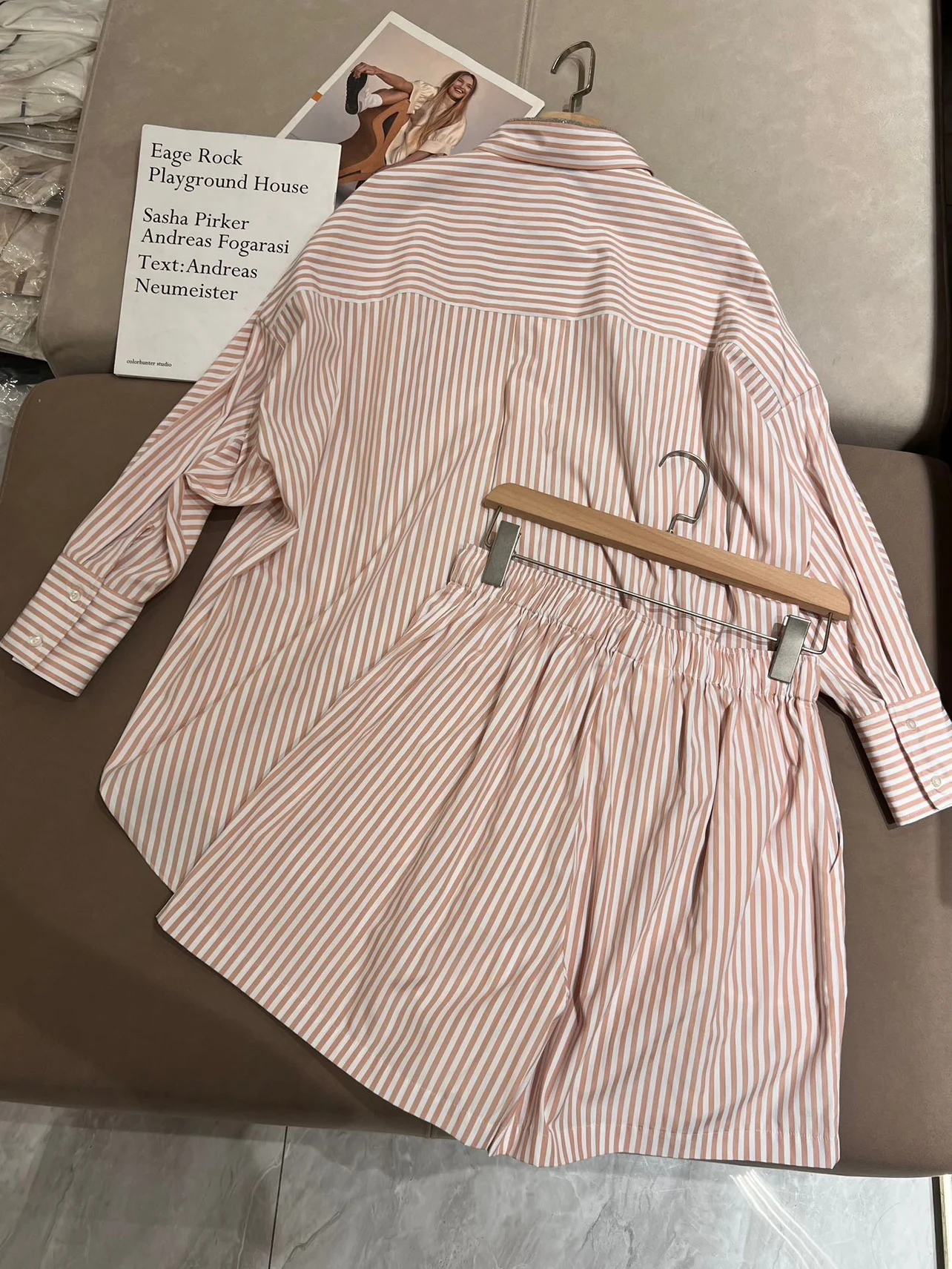 Spring  Women's Shorts Set Cotton Stripe Shirt Top + High Waist Shorts 2 Piece Set Blouse Summer Woman Clothing