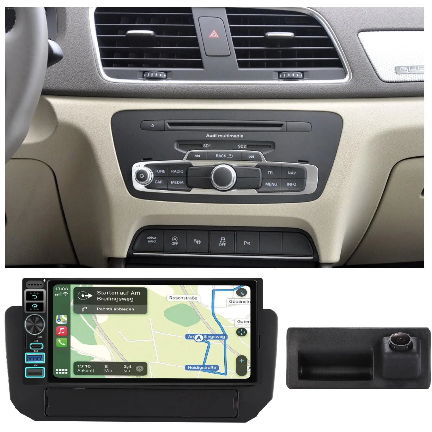 Carpaly GPS Android Car radio Navigation+HD Reverse camera For Audi A1 8X 8X1 8XK 8XF /AUDI Q3 8U MMI Quattro S Line Sport 2010