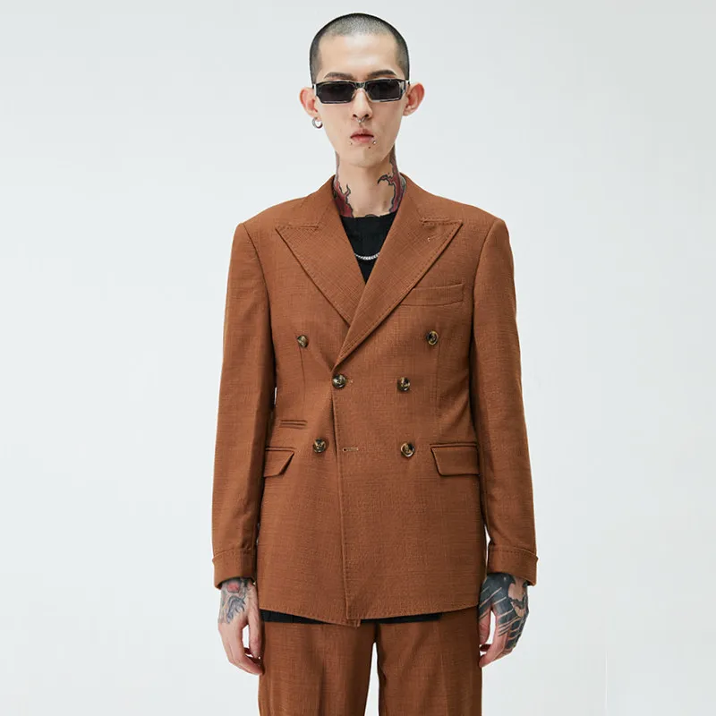 Simple Double Breasted Suit Classic Texture High Street Blue Beige Black Suit Jacket Neutral