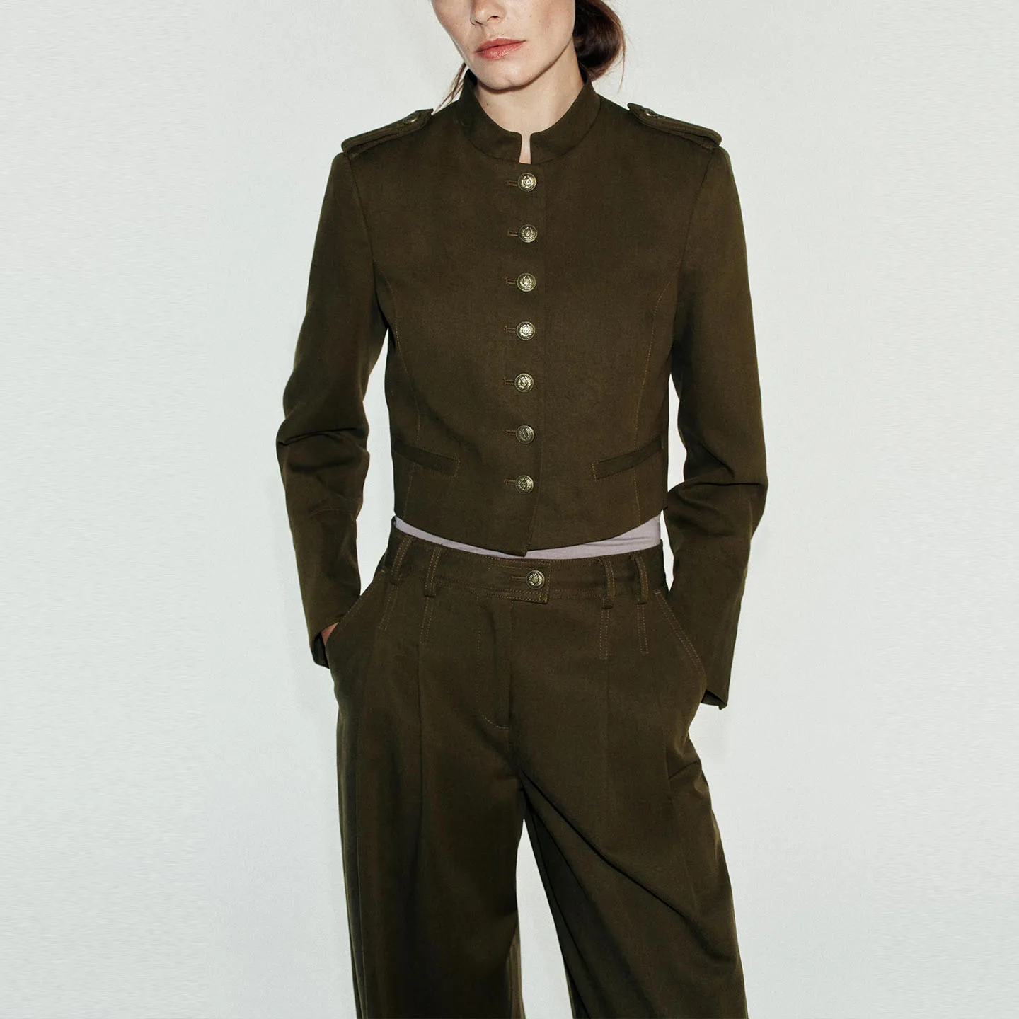 Women's Fashion Short Suit Jacket Long Sleeve Stand Collar Padded Shoulder Wide Leg Pants Two Piece Set Autumn Season