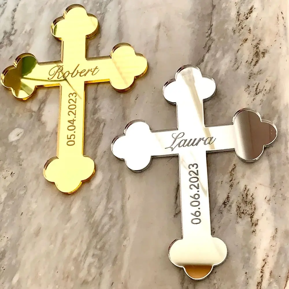 

Personalized Cross Cake Charm Custom Name & Date Baptism Tags God Bless Christening Favors First Holy Communion Available Sizes