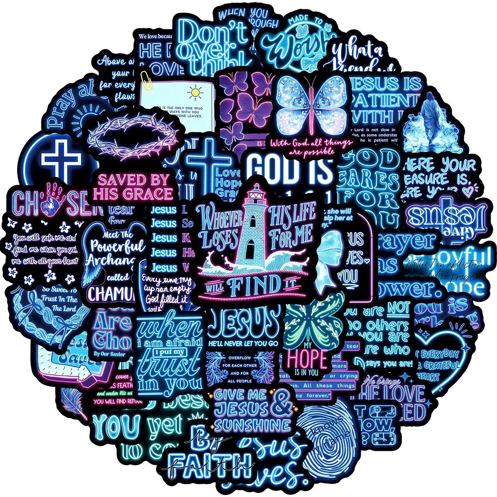 10/30/50 Stück Neon-Style Blaue Bibel-Inspirationszitate Aufkleber für Scrapbooking Handyhülle Wasserfeste Motivations-Sticker