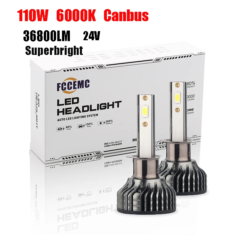 

Superbright 6000K 110W H1 H3 H4 H7 Led Car Headlight Bulb Canbus 36900LM Powerful Led Lamp Car Fog Light 24V Auto Accessories