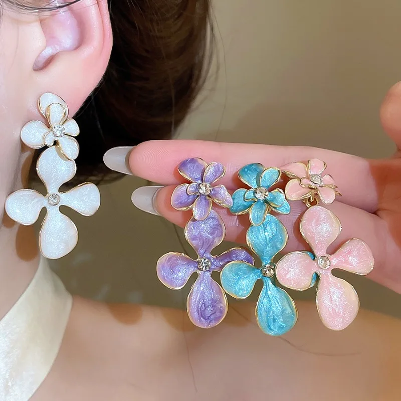 Minar 2026 Summer New Multicolor Enamel Rhinestone Flower Petal Long Drop Earrings for Women Statement Party Holiday Jewelry