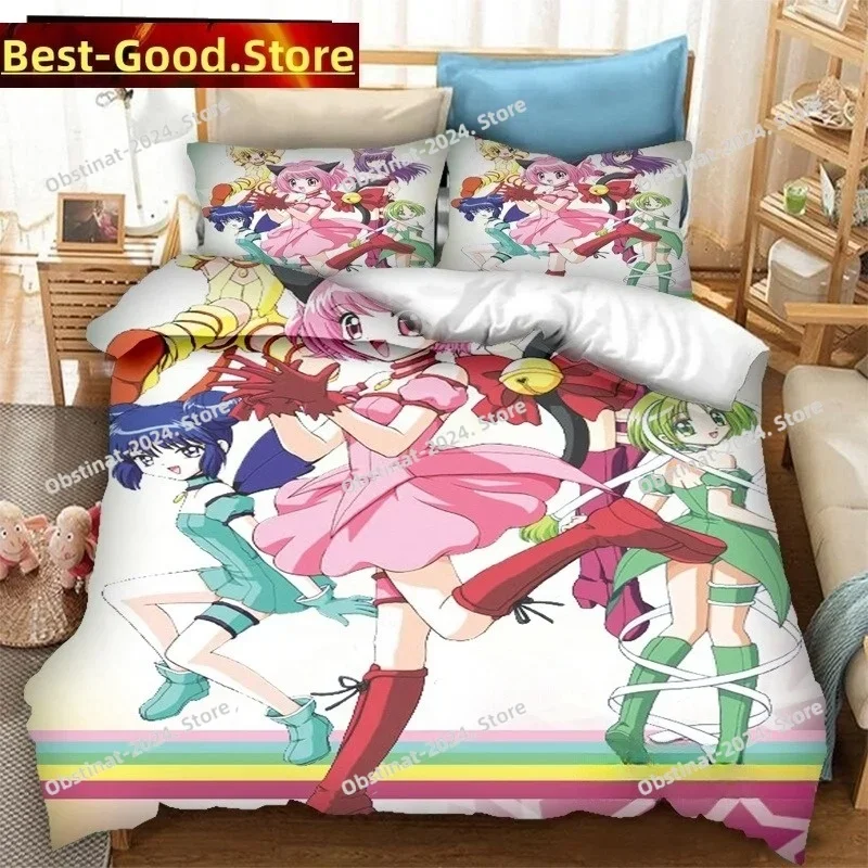 Anime Tokyo Mew Mew 3D Printing Comforter Bedding Set,Duvet Cover Bed Set Quilt Cover Pillowcase,King Queen Size Bedding Set Kid