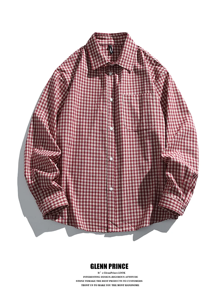 

GPstudio American Retro Red Plaid Pure Cotton Long Sleeve Men's Shirt Casual Loose Fit Versatile Couple's Shirt Commute