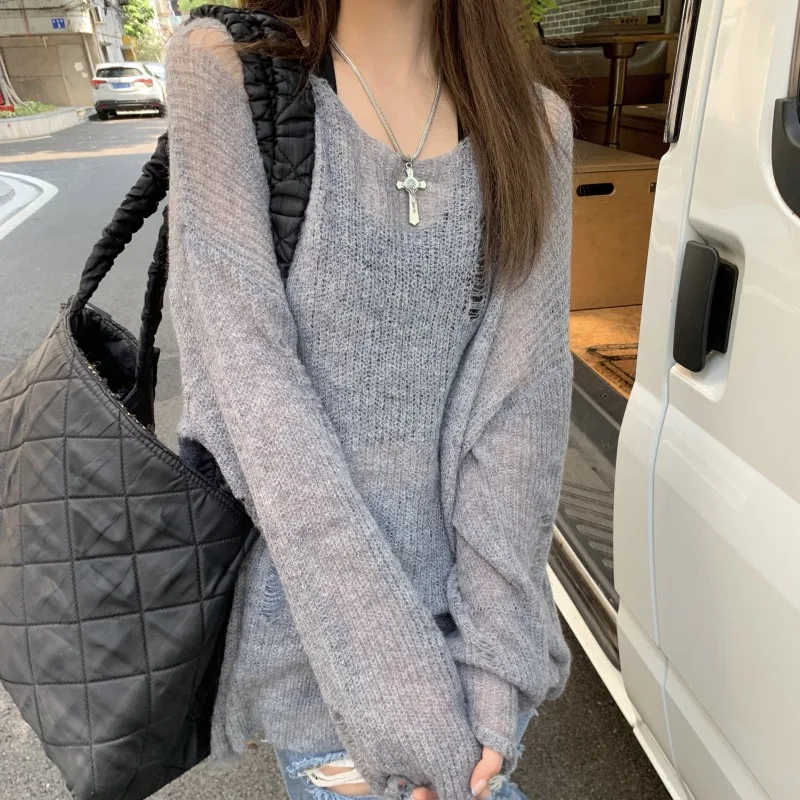 Hole Pullovers Women Grey Hollow Out Knitted Slouchy Fashion All-match Tops Baggy Streetwear Casual Sweater Jumpers Chic Girls