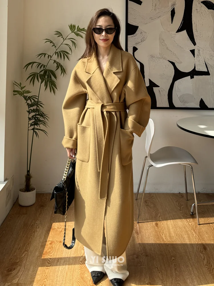 2025 Autumn New Korean Women Winter Coat Edition High End Camel Double Sided Wool Coat Long Striped Bathrobe Black Jacket
