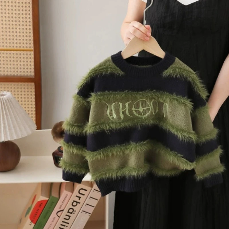 1-8Y 2026 Winter Baby Boys Loose Jumper Sweaters Knitwear Autumn Kids Clothes Boy Soft Knitted Sweaters Striped Pullover Outwear