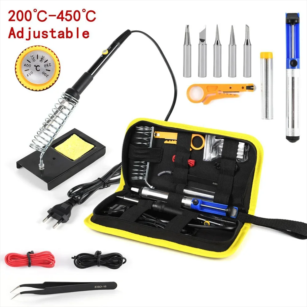 15pcs Kit 220V 60W Soldering Iron Kit 450°C Adjustable Temperature Welding Tool Set With Solder Sucker Tin Wire EU PLUG