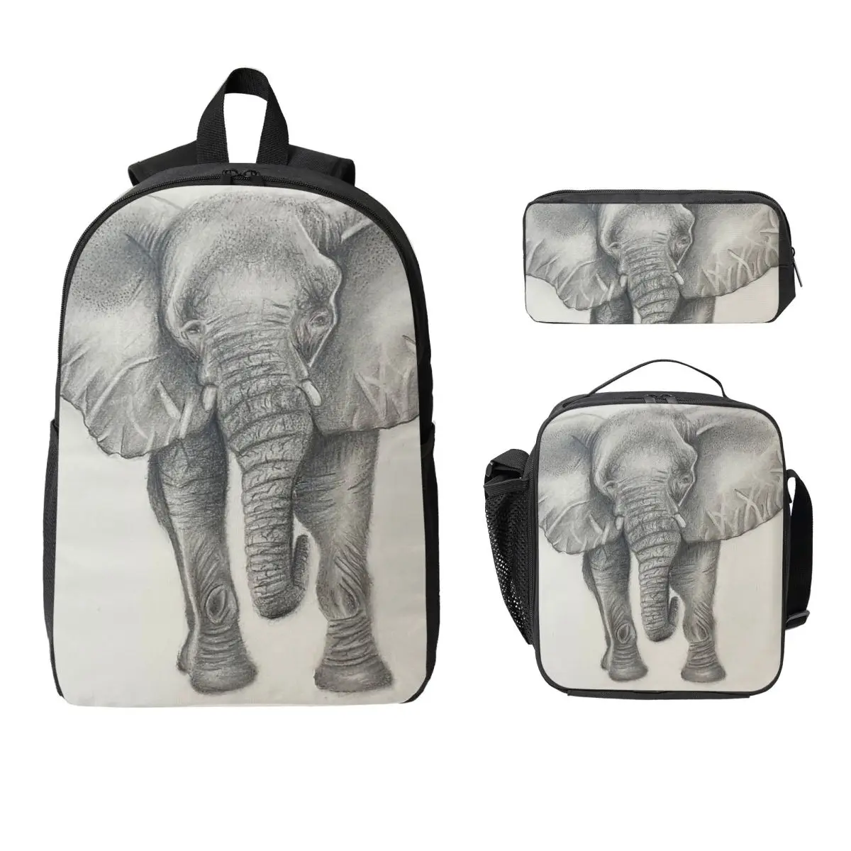 

Black And White Elephant Backpack Student Boy Girl BookBag School Bag Computer Shoulder Bags 3ps Insulated Lunch Bag Pencil Case