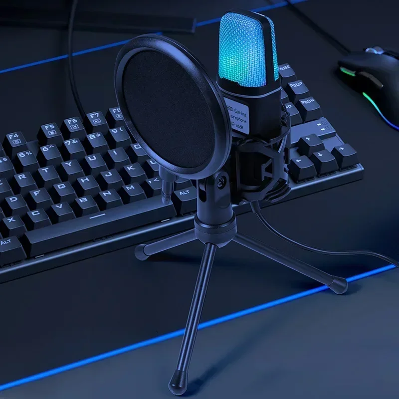 Micrófono USB profesional con iluminación RGB, soporte estabilizador de trípode para Podcasting, transmisión en vivo, juegos, Kit de micrófono estéreo para el hogar