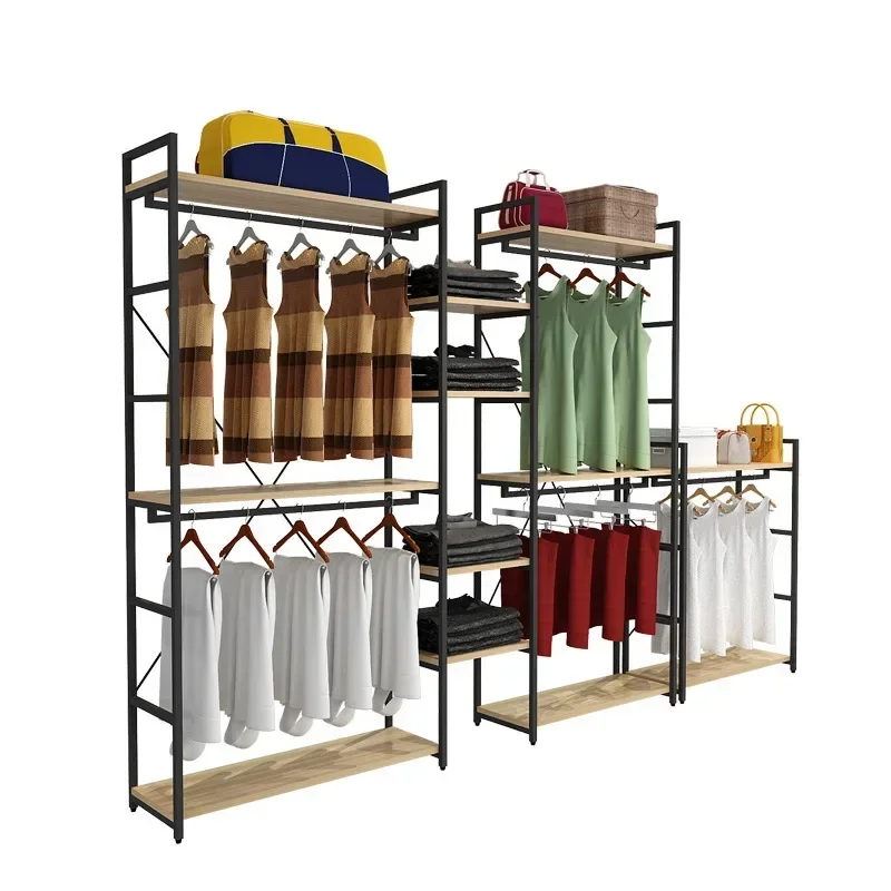 Coat rack landing home hanger double layer clothes display stand fashion steel wood display rack shelf stock wholesale