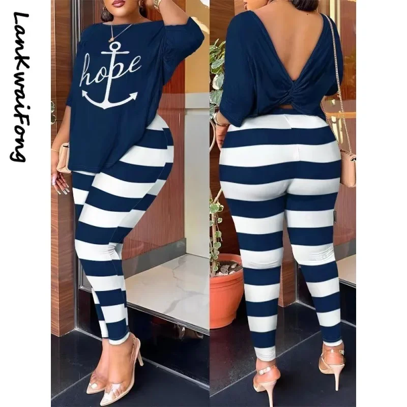 2024 New Casual Women's Set Loose Print Open Back Top Slim Fit Small Foot Pants Street Style Commuter Two Piece Set