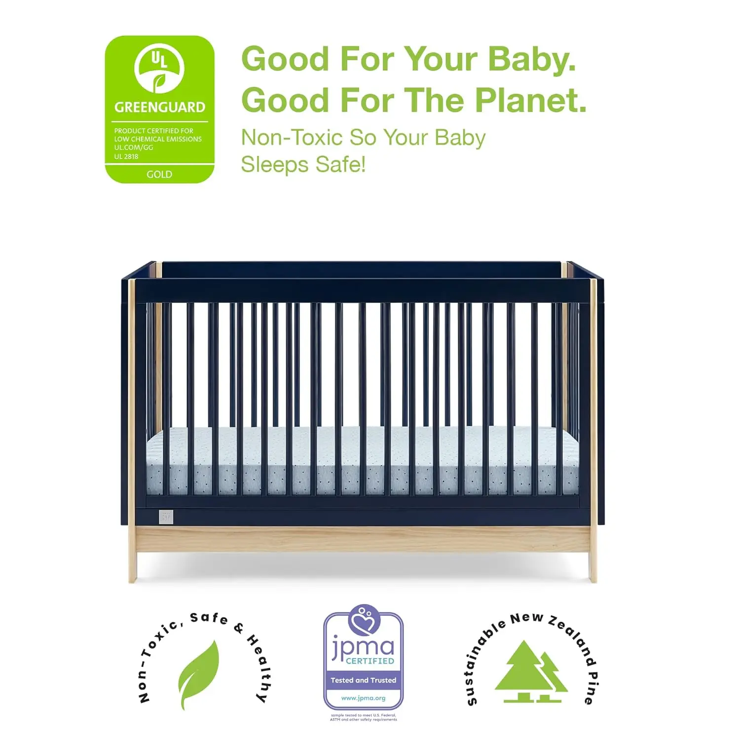 Gap Babygap Tate 4-In-1 Converteerbare Wieg-Greenguard Goud Gecertificeerd, Marine/Natuurlijk