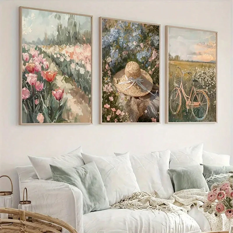 

3pcs Modern Floral Landscape Canvas Art Prints Retro Pink Bicycles Straw Hats Picture Wall Decorations Living Room Home Decor
