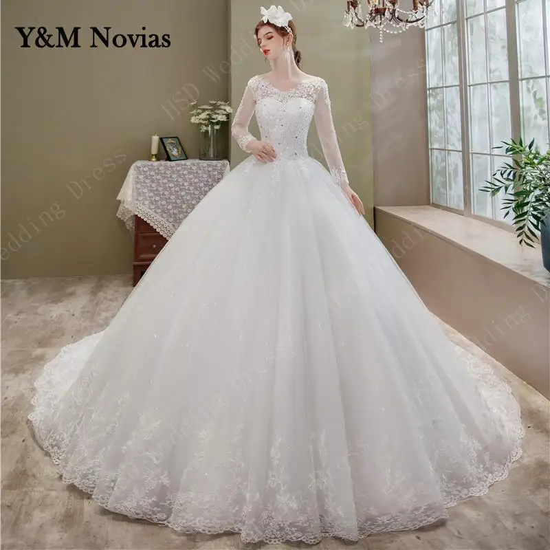 Свадебное Платье Embroidery Custom Pluse Size Wedding Dress Long Sleeve Train Real Vedio Gown V Neck Elegant Vestido De Noiva