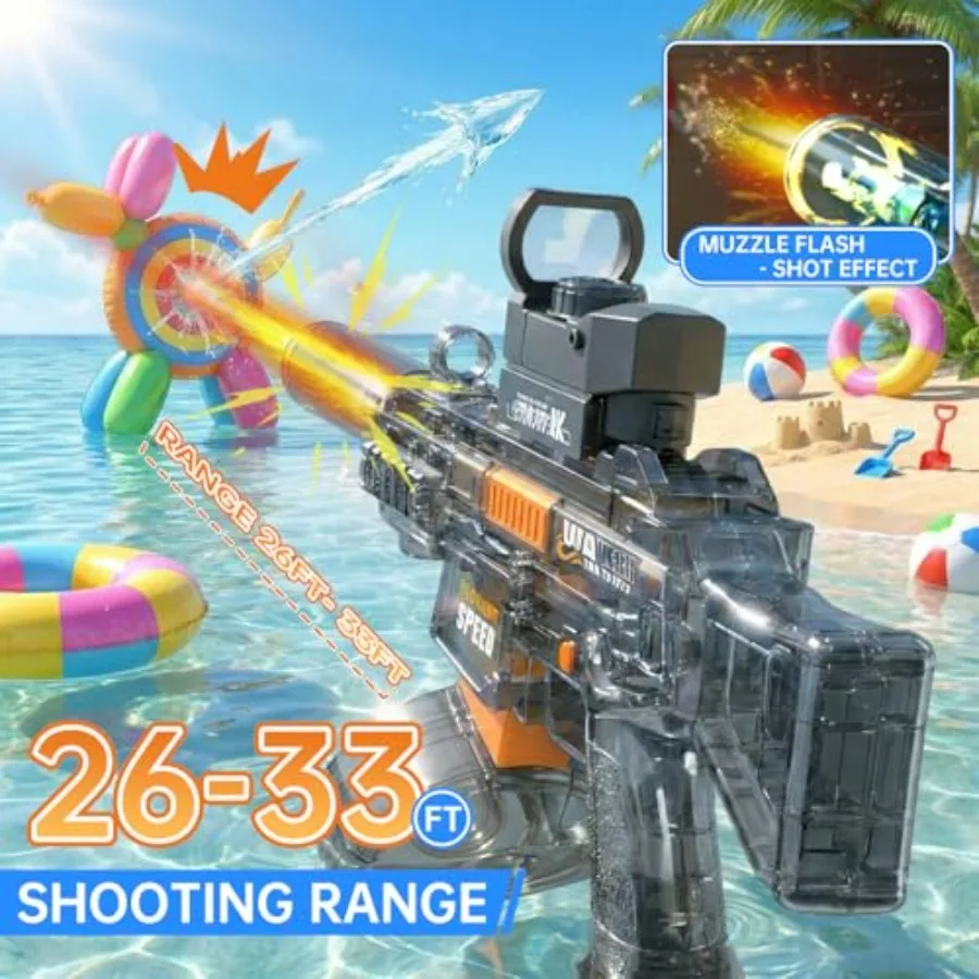Outdoor pool party electric water gun for adults and kids, transparent ABS plastic with black finish, LED light and long-range