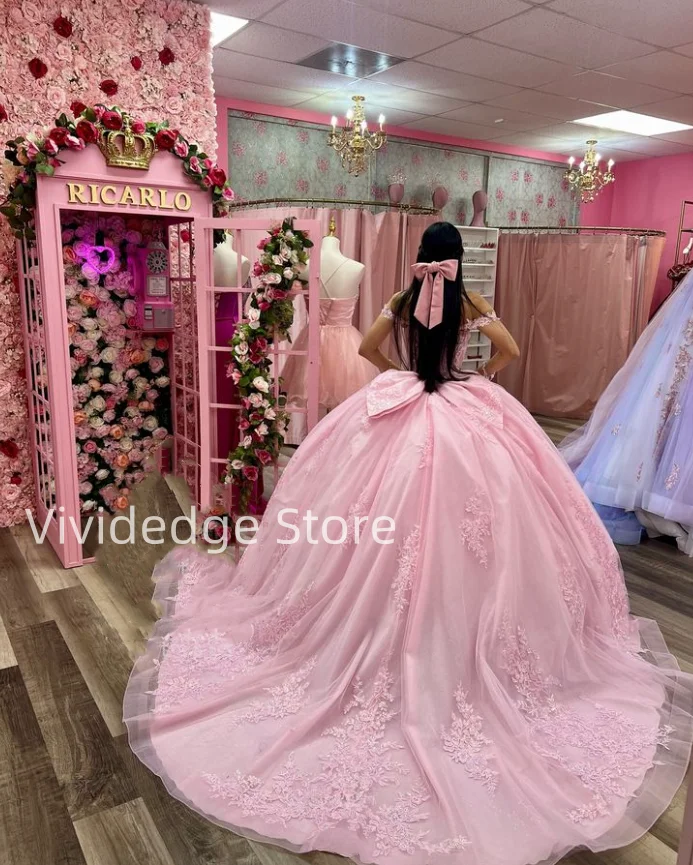 Pink Princess Strapless Corset Prom Dress 15 Formal Occasion Quinceanera Dress Sweetheart Poncho Floral Appliques with Bows