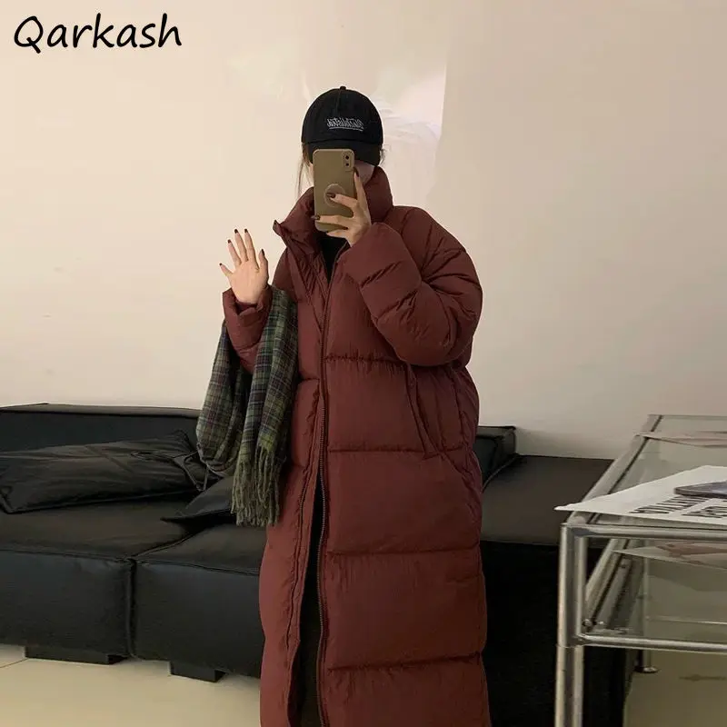 

Parkas Women Stand Collar Solid Hooded Long Thicker Overcoat Chic Popular Trendy Korean Style Winter Warm All-match Pocket Ins