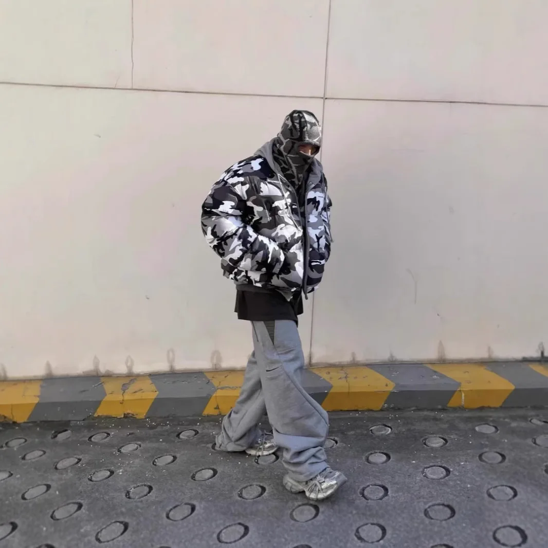 Grailz new winter snow camouflage washed denim patch front zipper jacket with hood and cotton coat for men and women Project G/R
